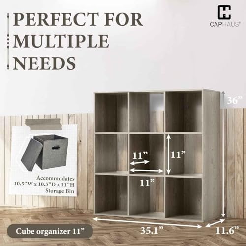 CAPHAUS Sturdy Room 11-Inch Cube Storage Organizer Shelf, with Thick Exterior Edge, Storage Shelf Divider w/Back, Bookcase, 9-Cube, Rustic Grey Oak - Image 3