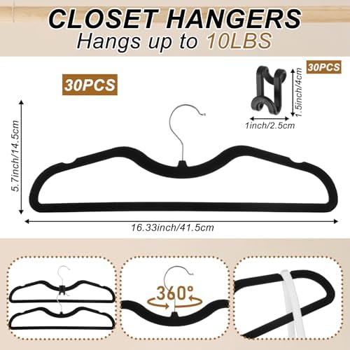 Pants Hangers Non Slip, 30 Pack Velvet Hangers for Closet with 30 Hooks, Strong Durable Slimline Space Saving Pants Hanger, Space Saving Flocked Hangaers for Pants, Shirts, Bra, Shorts (Black-M-shape) - Image 2