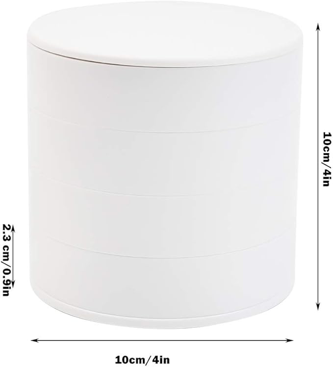 TIMESETL Jewelry Organizer, Small Jewelry Storage Box Earring Holder for Women, 4-Layer Rotating Travel Jewelry Tray Case with Lid for Bracelets Rings Bracelets - White