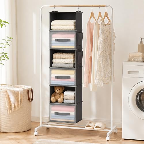 6-Shelf Hanging Closet Organizer with 3 Drawers & Side Pockets, Gray - Image 2