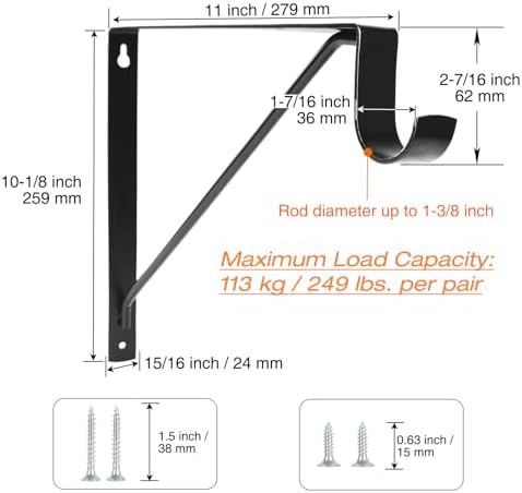 4 Pack Heavy Duty Closet Shelf & Rod Brackets, Wall Mounted Closet Shelf Brackets, 11 x 10.2 Inch Closet Shelf Brackets with Rod Support, Black - Image 2
