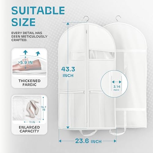 43" Travel Garment Bag with Accessories Zipper Pocket, Heavy Duty Suit Bag for Suits, Tuxedos, Dresses, Coats, White, 1 pack - Image 3
