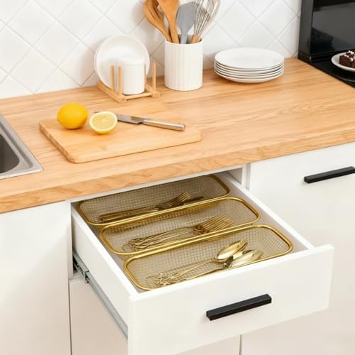 6 Pack Gold Silverware Kitchen Drawer Organizer, ​​Stainless Steel Silverware Tray for Drawer, Utensil Holder for Party, Cutlery and Flatware Basket for Knife, Fork, Spoon, 12 × 5 × 2IN - Image 7