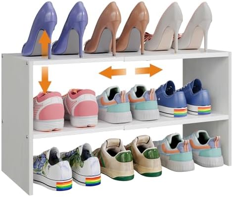 X-cosrack 2-Tier Shoe Rack Organizer for Closet, Expandable and Adjustable White Shoe Rack, Stackable Iron Wood Combination Shoe Storage Shelves for Closets, Entryway, Small Space, Hallway, Garage by X-cosrack