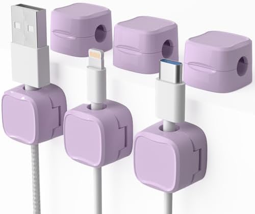 6 Pack Magnetic Cord Organizer & Cable Clips - Adjustable Under Desk Cable Management, Adhesive Wire Holder for Home, Office, Phone, Car, Wall, and Nightstand (Violet) by Unknown