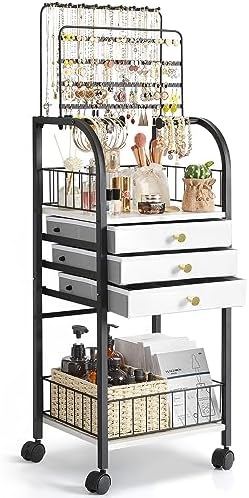 Keebofly Large Jewelry Organizer Stand with 3 Drawers, Floor Display Holder with Necklace, Earring, Bracelet, Ring Storage — Rolling Armoire Tower for Bedroom or Closet (Black)
