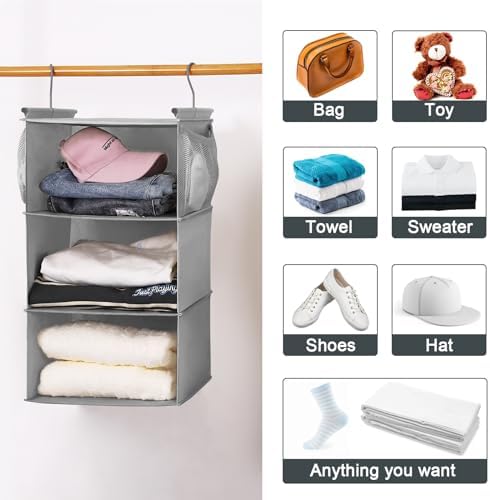MAX Houser 3 Tier Shelf Hanging Closet Organizer, Closet Hanging Shelf with 2 Sturdy Hooks for Storage, 2 Pack, Foldable (Grey) - Image 5
