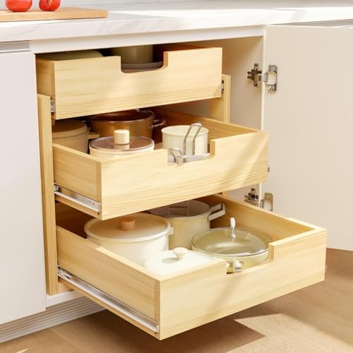 Pull Out Cabinet Organizer, 14''W×21''D Sliding Drawers for Cabinets, 3 Tier Soft Close Slide Out Wooden Pull out Drawers, Base Cabinet Organization for Kitchen, Pantry, Bathroom. - Image 2