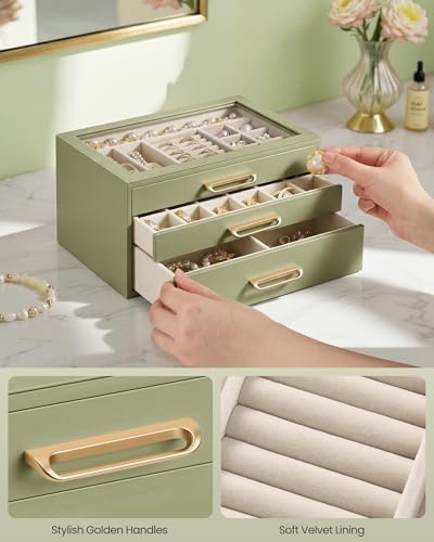 SONGMICS 3-Layer Jewelry Box with Glass Window, 3 Drawers, Golden Handles - Image 6