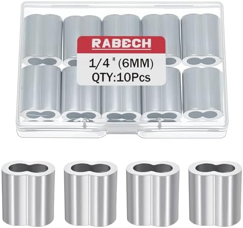 1/4 Inch Aluminum Crimping Loop Sleeve 1/4" 6MM Cable Ferrules Crimp Loops Sleeves for Wire Rope (Pack of 10Pcs) by RABECH