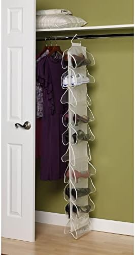 Household Essentials 20‑Pocket Closet Shoe File in Durable Canvas with Plastic Pockets and Single Hook System, Cream - Image 3