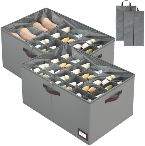 OIAHOMY 2 Pack Shoe Organizer for Closet, Large Foldable Shoe Storage Bins with Dividers and Reinforced Handles, Each Clear Cover Sneaker Box Fits Up to 24 Pairs for Entryway and Bedroom, Grey by MasterofSpaceOptimization