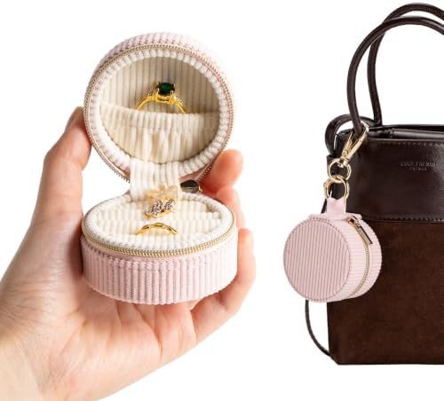 Ring Box & Holder with Keychain, Mini Velvet Jewelry Travel Case, Small Organizer for Earrings Necklaces, Engagement Wedding Couples Gift for Women Bride (Pink) by Unknown