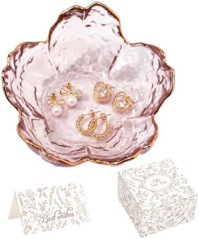 Pink Flower Jewelry Ring Dish Tray,Decorative Glass Trinket Dish,Room Decor Aesthetic, Modern Accent Tray for Vanity(Pink Gold Border) by GISK