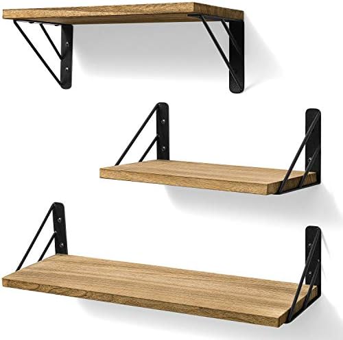 BAYKA Wall Shelves for Bedroom Decor, Floating Wall Shelves for Living Room Kitchen Storage, Wall Mounted Rustic Wood Floating Shelves for Kids Books, Corner Shelves for Bathroom(Brown，Set of 3) by Bayka