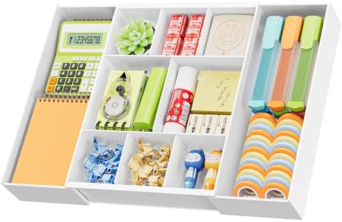 Marbrasse Expandable Desk Drawer Organizer, Clear Plastic Drawer Organizer Tray with 10 Adjustable Compartments, Desk Organizers and Accessories, 5 Drawer Dividers for Office Supplies, Makeup(White) by Marbrasse