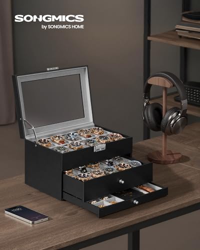 SONGMICS 20-Slot Watch Box, 3 Layers, Glass Lid, Lockable - Image 2