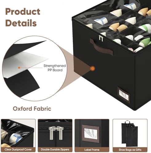 OIAHOMY 2 Pack Shoe Organizer for Closet, Large Foldable Shoe Storage Bins with Dividers and Reinforced Handles, Each Clear Cover Sneaker Box Fits Up to 16 Pairs for Entryway and Bedroom, Black - Image 5