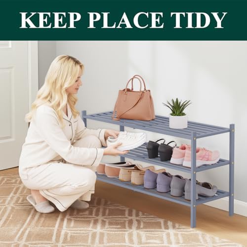 Smiry Bamboo Shoe Rack, 5 Horizontal Slats, 3 Tier - 33.9" Wide, Grey - Image 3