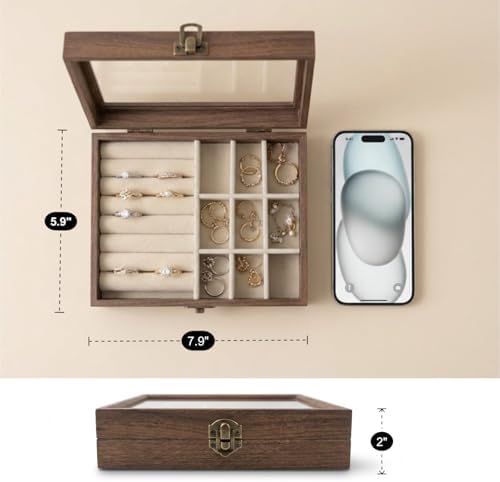 CT SUN Small Wooden Ring & Earring Organizer Box Case, Display Case with HD Glass Lid, Velvet Lining, Organizer for Women Rings Earrings Bracelets Brooches, Compact Size Jewelry Box for traveling - Image 3