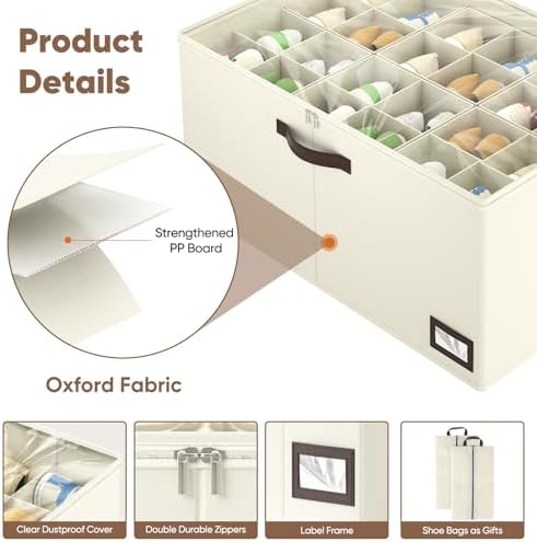 OIAHOMY 2 Pack Shoe Organizer for Closet, Large Foldable Shoe Storage Bins with Dividers and Reinforced Handles, Each Clear Cover Sneaker Box Fits Up to 24 Pairs for Entryway and Bedroom, Beige - Image 5