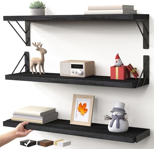 BAYKA Wall Mounted Floating Shelves, Wood Floating Wall Shelf for Books & Decor, Small Space-Saving Display & Organizer（Black，23in，Set of 3） by Bayka