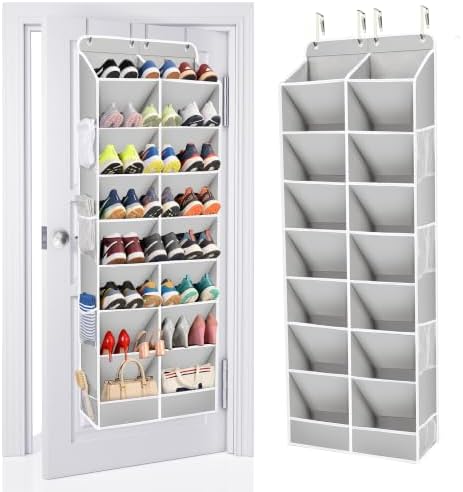 ULG Over The Door Shoe Organizer with 16 Large Pockets, Hanging Shoe Rack for Closet Door, Space Saving Shoe Storage for Boots, Heels & Sneakers,Grey by ULG