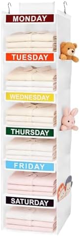 Weekly Clothes Organizer for Kids, 6-Shelf Kid Hanging Closet Organizer w/ 6 Side Pockets, Labeled Weekly Outfit Organizer for Kids, Days of The Week Clothes Organizer Monday Through Friday White by KUKIKAN