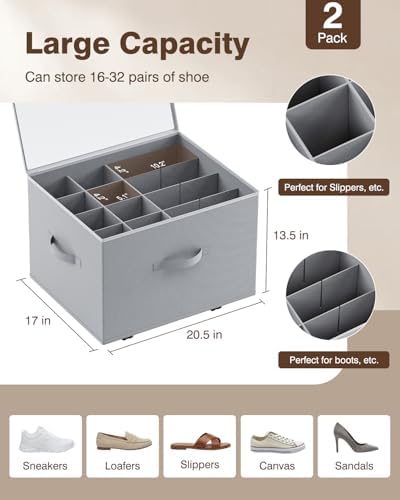 HOUSE AGAIN 2 Pack Shoe Organizer for Closet, Shoe Storage Organizer with Wheels, Foldable Shoe Storage Box with Adjustable Dividers and Clear Cover, Reinforced Handles, Fits up to 16-32 Pairs, Gray - Image 2