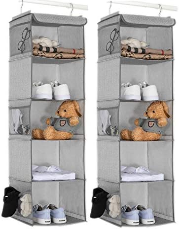 BrilliantJo 5 Shelves Hanging Closet Organizer, 2 Pack Hanging Storage with 6 Side Pockets for Clothes Bags, 43"x12"x12"(Light Gray) by BrilliantJo