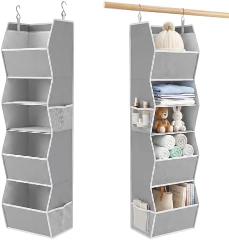 5-Shelf Hanging Closet Organizer, Trapezoid Closet Organizers and Storage with Side Pockets Space-Saving Hanging Clothes Shelves Fabric Storage Bins for Wardrobe Organization, Grey by coastalrose