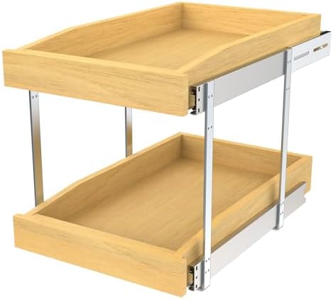 2 Tier Pull Out Cabinet Organizer, 23"W x 21"D Solid Wood Heavy-Duty Base Bottom Assembly Slide out Drawer Shel Cabinet Organization for Kitchen, Pantry, Bathroom by Pulloutor