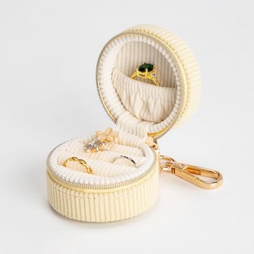 Ring Box & Holder with Keychain, Mini Velvet Jewelry Travel Case, Small Organizer for Earrings Necklaces, Engagement Wedding Couples Gift for Women Bride (Yellow) - Image 3