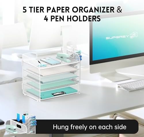 5-Tier Paper Organizer for Desk with Pen Holders, Letter Trays, White - Image 5