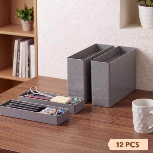 Teling 12 Pcs Grey Plastic Desk Drawer Organizer Pen Tray Shallow - Image 5