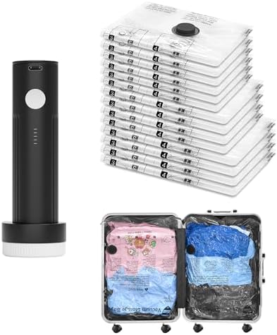 Vacuum Seal Bags for Clothing Travel and Home Storage, Travel Vacuum Bags with Electric Pump, Space Saver Compression Packing Cubes for Luggage Suitcase Bedding Blankets Clothes, 14 Combo by SUOCO