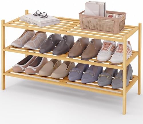 Smiry Bamboo Shoe Rack, 5 Horizontal Slats, 3 Tier - 33.9" Wide, Natural by Smiry