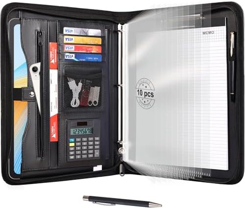 Eshow Portfolio Organizer - 3 Ring Binder with Zipper, Vegan Leather Business Padfolio Folder with Notepad Includes 10 Clear Sheet Protectors for Documents Files for Men Women by Eshow