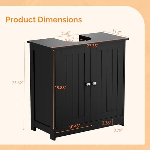 Bonnlo Pedestal Sink Storage Cabinet, 24" Black Under Sink Bathroom Storage Cabinet with 2 Doors and Adjustable Shelf, Traditional Bathroom Space Saver Organizer for Small Spaces, Water-Resistant - Image 3