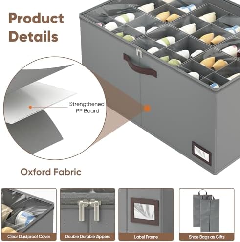 OIAHOMY 2 Pack Shoe Organizer for Closet, Large Foldable Shoe Storage Bins with Dividers and Reinforced Handles, Each Clear Cover Sneaker Box Fits Up to 24 Pairs for Entryway and Bedroom, Grey - Image 5