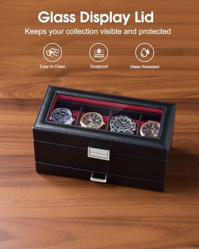 Lolalet 4-Slot Watch Case for Men, Mens Jewelry Box with Glass Lid -Winered - Image 2