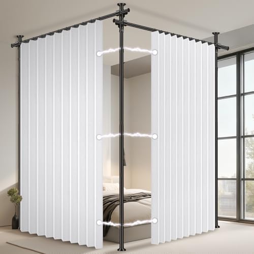 100% Blackout Room Divider Curtains Sets White W100 x L96 in 2 Panels No Drill Curtain Rods(H) 43-120×(W) 35-200 in for Bedroom Privacy Partition Separator by AJAZZ