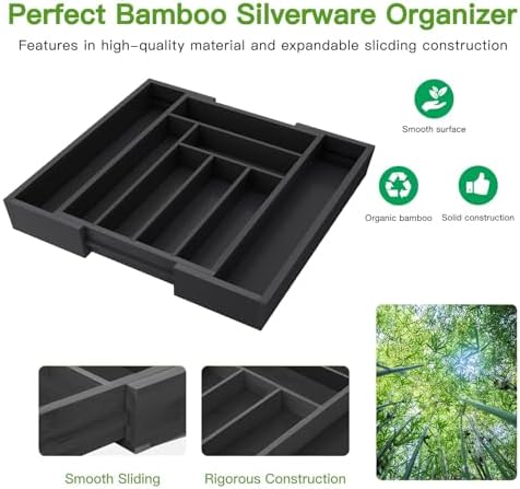 Pipishell Bamboo Expandable Silverware Drawer Organizer, Black, Medium - Image 5