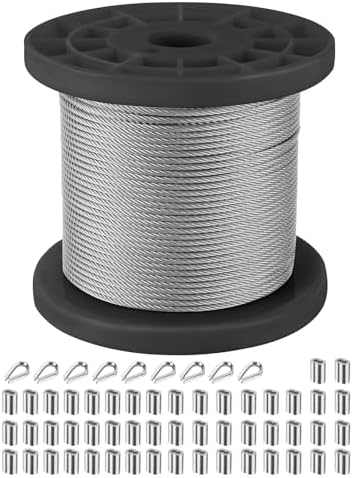 1/16 Wire Rope, 304 Stainless Steel Cable, Aircraft Cable, 328FT,Steel Wire, with Loop Sleeve and Steel Thimbles, Clothes Line Wires, Trellis Wire, 7x7 368lbs Breaking Strength（Black axis） by SIDAZON