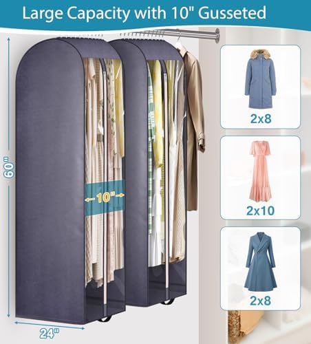 KIMBORA 10" Gusseted Clear Wedding Dress Bags for Gowns, 60" Garment Bags for Hanging Clothes Storage with Handles, Suit Bags for Closet Storage, Dress Cover for Long Dresses, Coats (2 Packs, Grey) - Image 2