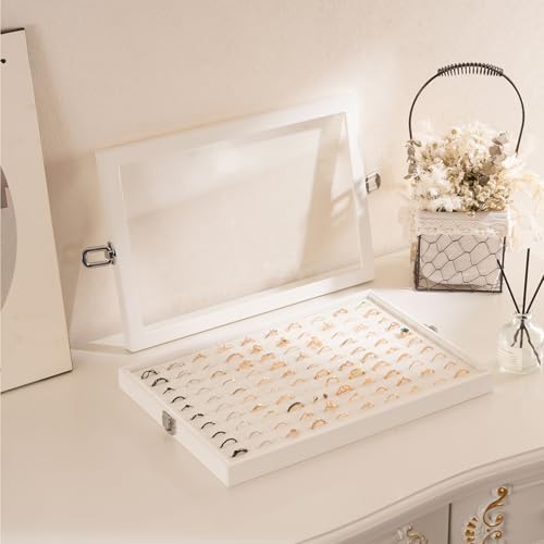 Lolalet Jewelry Organizer Tray with Lid, 100 Grids Velvet Ring Organizer Holder Storage Box for Drawer -Beige - Image 3