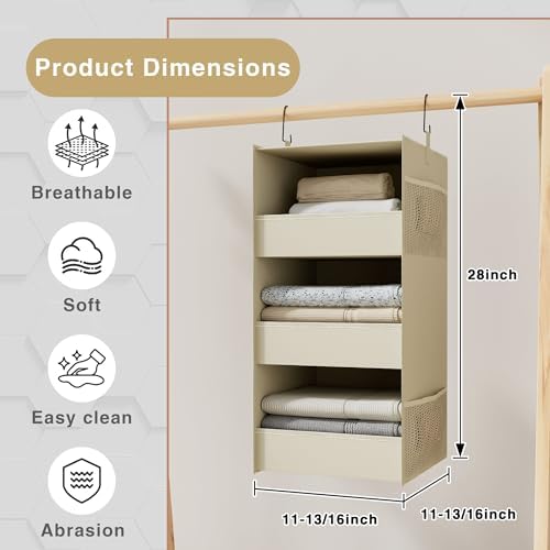 3-Shelf Hanging Closet Organizer, Washable Foldable Storage Shelves, Beige - Image 3