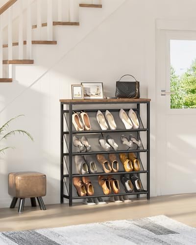 CHOEZON Shoe Rack, 5-Tier Slanted Shoe Storage Shelf, Narrow Shoe Rack for Entryway, Shoe Organizer with Adjustable Feet, Slim Shoe Shelf with Wooden Top and Metal Frame Rustic Brown and Black TXJ02BF - Image 2