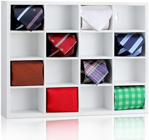 Wesiti Tie Box Organizer Wall Mounted Tie Rack with 16 Compartments Bamboo Belt Holder for Men Scarf Necktie Home Wall Closet(White Color,1 Piece) by Unteilti