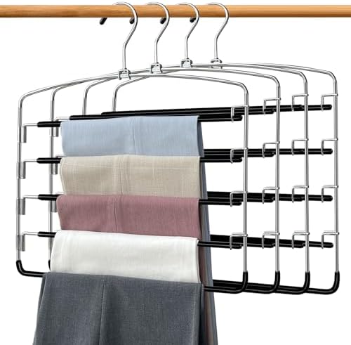 Pants Hangers 4 Pieces,5 Tier Closet Organizers and Storage Clothes Hanger,Hangers Space Saving with Swing Arm,Multiple Metal Hanger Clothes Organization for Pants Trousers Jeans Leggings Slacks by FEASTEERY
